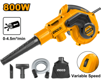 AB8008 električni duvač i usisivač INGCO 800 W, 0–16000 rpm i 3.5 m³/min, sa promenljivom brzinom i vrećom za prašinu za brzo čišćenje prostora.