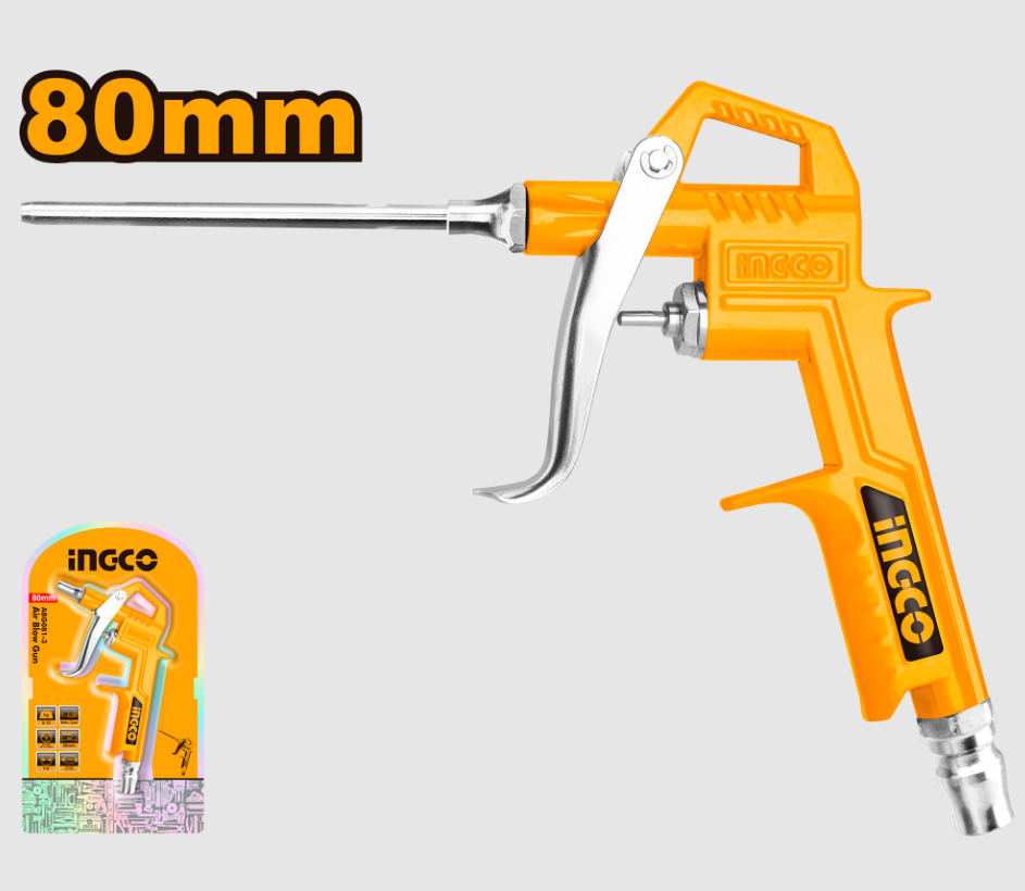 Pištolj za duvanje INGCO ABG081-3 80mm pruža snažan protok 100–200 L/min i pritisak do 6.3 bara, idealan za precizno čišćenje alata, mašina i radionica.