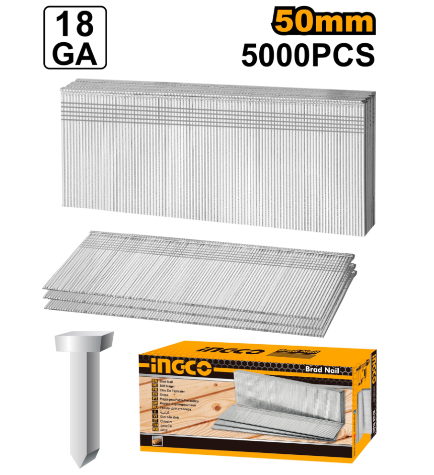 Ekseri INGCO ANA18501 50mm za aku i pneumatske heftalice nude sigurno pričvršćivanje i dolaze u pakovanju od 5000 komada, idealni za montažne i stolarske radove.