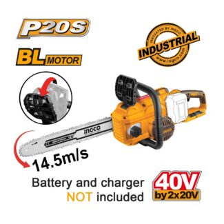 Ingco aku testera CGSLI40168 sa 40V snagom, brushless motorom, mačem 16" i brzinom lanca 14.5 m/s. Idealna za orezivanje i seču drveta do 40 cm.