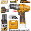 Aku udarna bušilica INGCO CIDLI12202E 20Nm sa LED svetlom, USB-C punjenjem, dvema brzinama i bogatim setom dodataka idealna je za bušenje i šrafljenje.