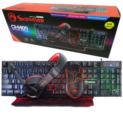 MARVO CM409 gejmerski komplet sa RGB tastaturom, mišem 3200 DPI, slušalicama i podlogom – kompletno 4u1 rešenje za gaming.