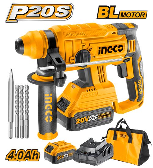 Aku hamer INGCO 20V CRHLI22012 sa brushless motorom, 1.5J udarom, SDS Plus prihvatom i 2×4.0Ah baterije. U setu torba, burgije, dleto i brzi punjač.