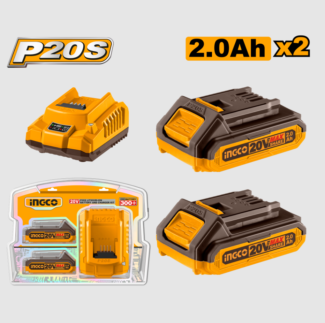 INGCO FBCPK1222E set sadrži dve 20V 2.0Ah baterije i brzi inteligentni punjač, kompatibilne sa svim P20S alatima. Pouzdan izbor za neprekidan rad.