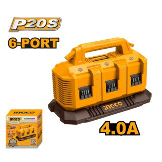 SUPER INGCO FCLI2064 industrijski punjač omogućava sekvencijalno punjenje 6 baterija od 20V uz LED indikatore i brzo punjenje od 40 do 140 minuta.