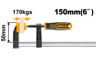 INGCO HFC020501 F stega 50×150 mm sa snagom 170 kg, čeličnim klizačem 5×15 mm i vretenom Ø11 mm obezbeđuje sigurno i precizno stezanje materijala.