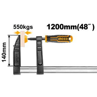 Ingco F stega 140×1200 mm HFC021401 pruža 550 kg sile stezanja, ojačan čelični klizač i industrijsku čvrstinu za profesionalnu obradu velikih materijala.