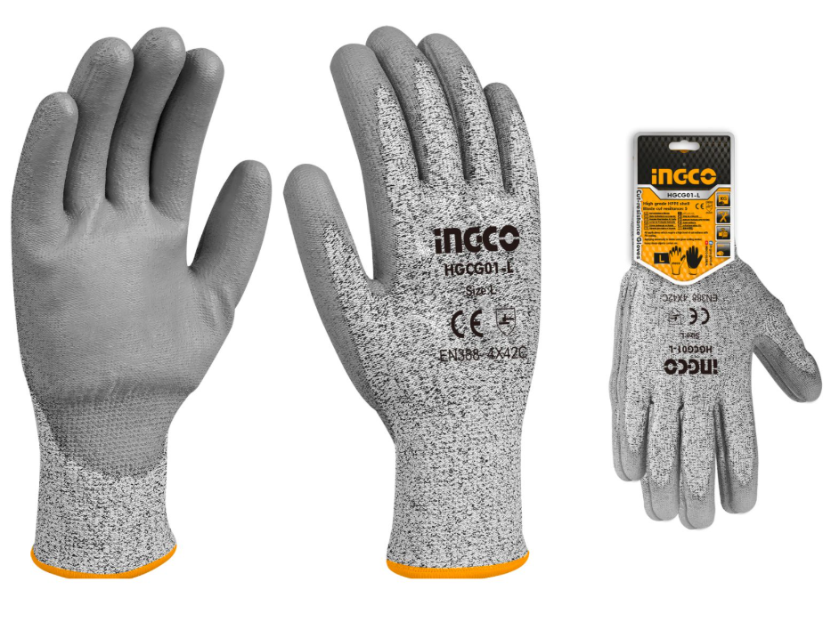 INGCO HGCG01-XL rukavice otporne na rezove XL sa PU dlanom i HPPE školjkom nude fleksibilnost, antistatičku zaštitu i sigurnost pri radu sa oštrim materijalima.
