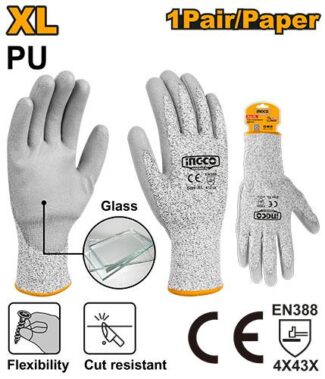 Ingco rukavice otporne na rezove HGCG02-XL – Level C zaštita, PU premaz i HPPE vlakna za maksimalnu sigurnost pri radu sa staklom.