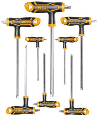 HHKT8083 ključ torex T ručka 8/1 INGCO, set od osam Cr-V Torx ključeva sa T-dizajnom ručke. Termički tretirani i hromirani ključevi za profesionalnu i preciznu upotrebu.