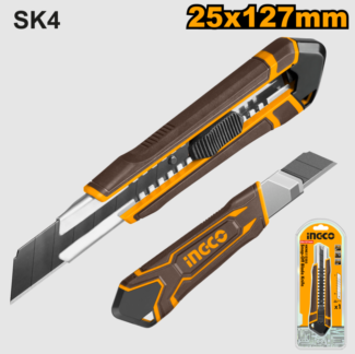 Ingco skalpel HKNS112505 sa oštricom 25×127 mm, automatskim zaključavanjem i ergonomskim dizajnom. Idealan za precizno i sigurno sečenje različitih materijala.