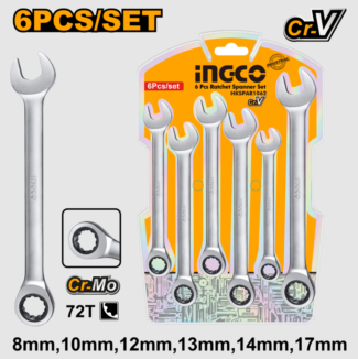 Set ključeva sa račnom INGCO HKSPAR1062 6/1 u veličinama 8–17 mm sa CrMo mehanizmom i CR-V izradom pruža izdržljivost i brz, efikasan rad u svim uslovima.