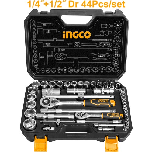 HKTS42441 set alata 44kom INGCO 1/4" + 1/2" sa račnama, nastavcima i ekstenzijama pruža kompletno rešenje za profesionalne i kućne mehaničke zadatke.
