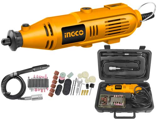 MG1309 čeona brusilica 130W INGCO sa brzinom 10.000–32.000 rpm, prihvatom 3.2 mm, fleksibilnom osovinom i 52 dodatka. Precizan i svestran alat za brušenje, graviranje i poliranje.
