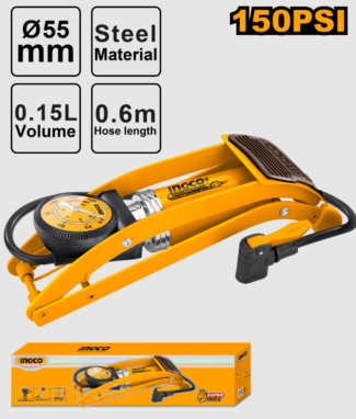 Nožna pumpa INGCO MPP5511 sa pritiskom od 150 PSI, čeličnom konstrukcijom i univerzalnim ventilima pruža pouzdano pumpanje i prošireni domet uz crevo od 60 cm.