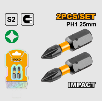Ingco SDBIM71PH125 udarni bit PH1 25mm, set 2/1, izrađen od S2 čelika sa magnetnom površinom, pruža izdržljivost i preciznost za zahtevne radove.