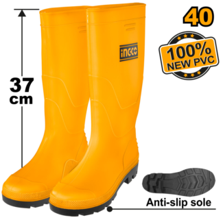 Gumene čizme Ingco 40 – žute PVC/nitril čizme, vodootporne i otporne na ulje i kiseline. Visina 37 cm. Idealne za industriju i terenski rad.