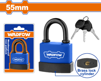 Vodootporni katanac 55 mm WADFOW sa PVC kućištem, mesinganim cilindrom i dodatnom zaštitom pruža sigurnost u svim vremenskim uslovima.