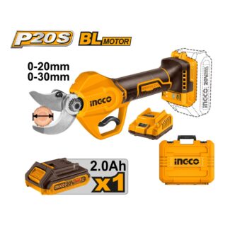 Ingco CSSLI203083 aku makaze za orezivanje 20V sa brushless motorom i prečnikom sečenja 20/30 mm. U kompletu dolaze baterija, punjač i kofer — idealne za baštovanstvo.