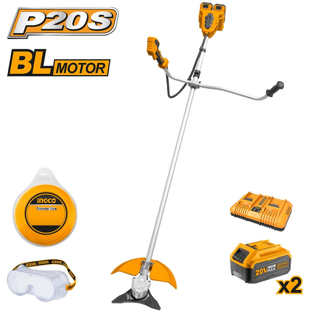 Ingco CSTLI202522 akumulatorski trimer 40V sa brushless motorom, rezanjem strunom 330 mm i sečivom 255 mm. U kompletu dve 4.0Ah baterije i dupli punjač.