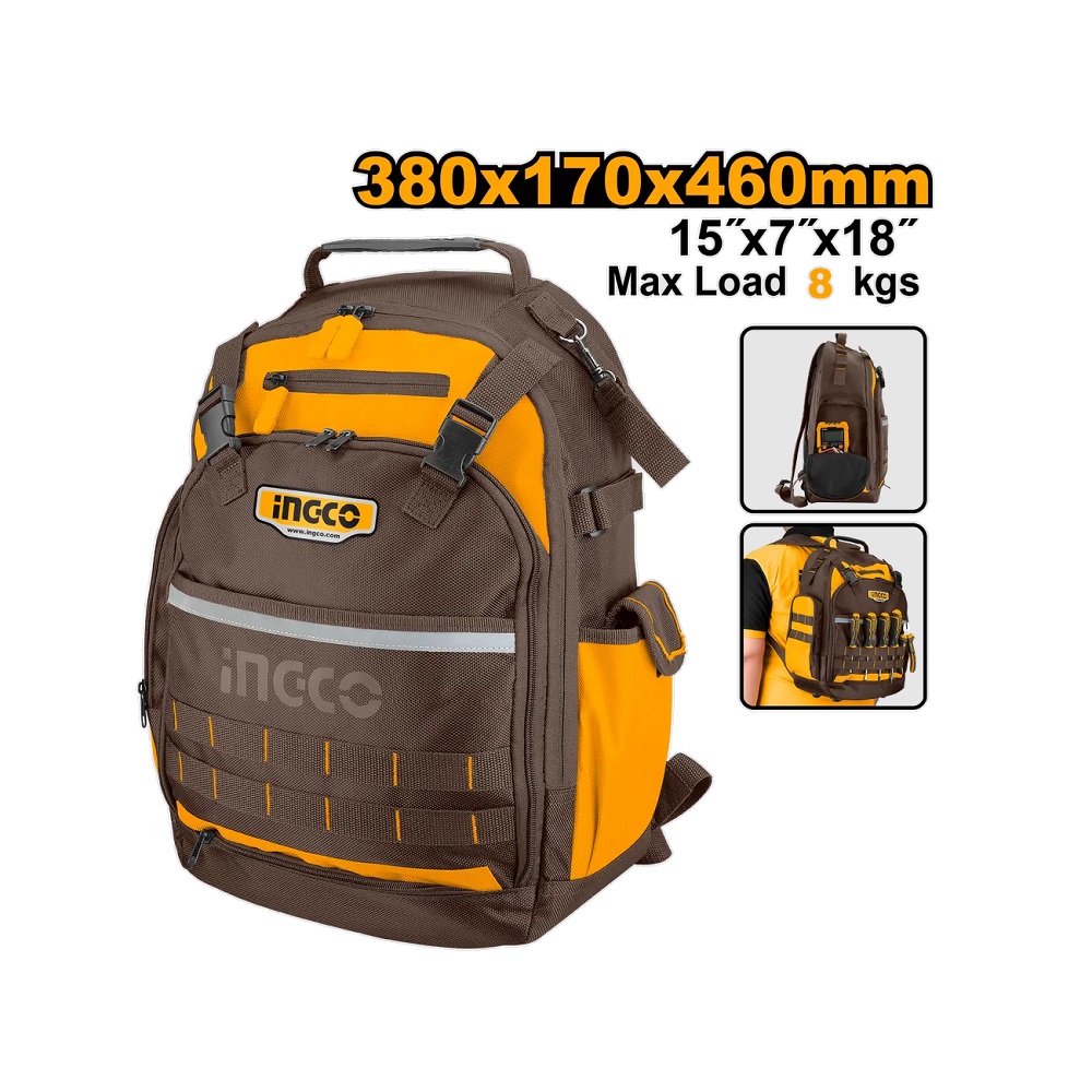 SUPER Ingco HBP01028 ranac za alat od 1680D Oxford materijala, dimenzija 34×17×45 cm, sa čvrstim okvirom, spoljnim džepovima i unutrašnjom torbom. Nosivost 8 kg.