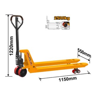 INGCO HHPT01251 ručni paletar 2.5T sa viljuškama 550×1150 mm i poliuretanskim točkovima. Industrijski kvalitet za skladišta i transport tereta.