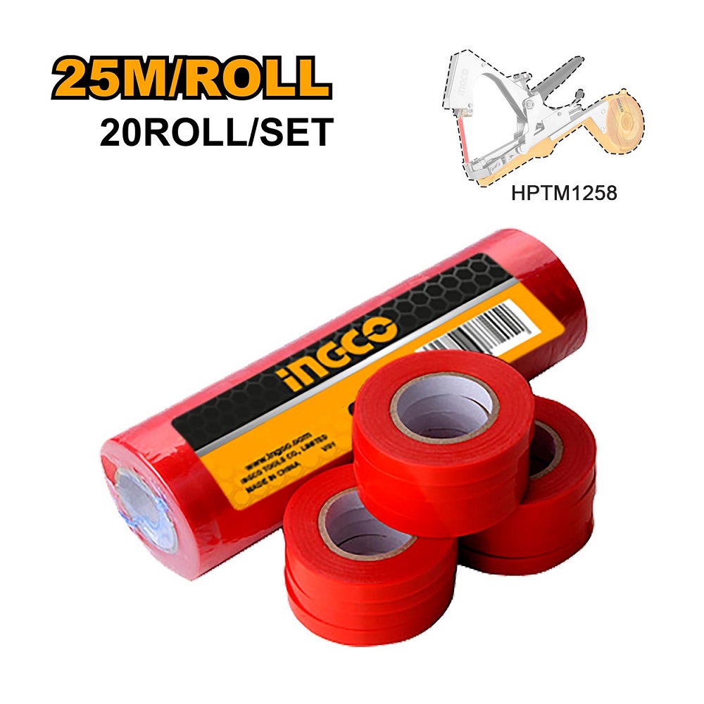Set INGCO HPTM1258T sadrži 20 rolni trake za vezivanje voća, po 25 m i širine 11 mm. Rastezljive i nelepljive trake idealne za bezbedno učvršćivanje biljaka.