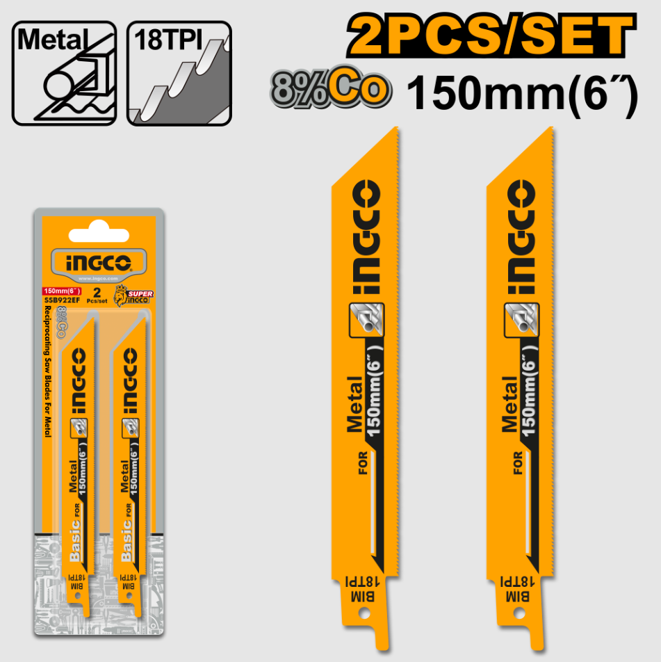 Ingco SSB922EF set listova za lisičarku za metal dužine 150 mm, bi-metal izrade i 18 TPI. Pogodan za RS8008, idealan za sečenje cevi, limova i nerđajućeg čelika.