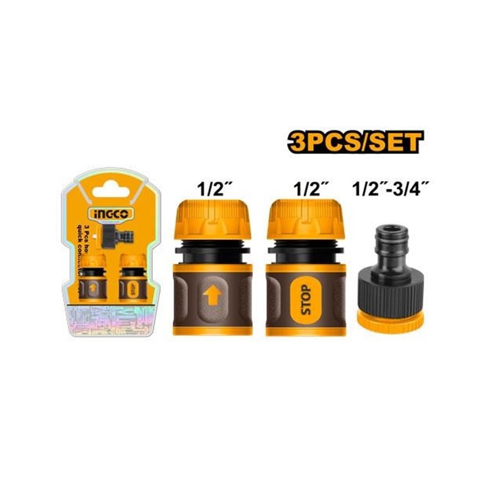 “INGCO HHCS03122 set brzih priključaka za crevo 1/2″ – 3 komada. Water stop, standardni konektor i 3/4″ adapter sa reduktorom. Pouzdano i lako povezivanje za baštenska creva.”