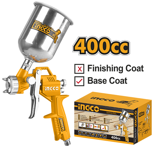 INGCO ASG4041 pištolj za farbanje sa mlaznicom 1.5 mm, mlazom 180–250 mm i rezervoarom 400 cc nudi precizan nanos boje uz kompatibilnost sa više tipova konektora.