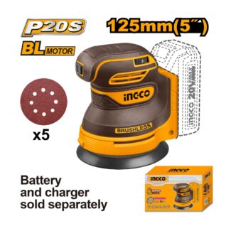 INGCO CROSLI2002 aku rotaciona brusilica 20 V, 8 000-13 000 o/min, 125 mm — mobilna i efikasna za brušenje drvenih i metalnih površina.