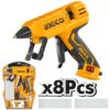 INGCO GG308 pištolj za lepljenje 220W sa brzim zagrevanjem i 8 patrona od 150 mm pruža stabilno topljenje 20–30 g/min za profesionalnu i kućnu upotrebu.