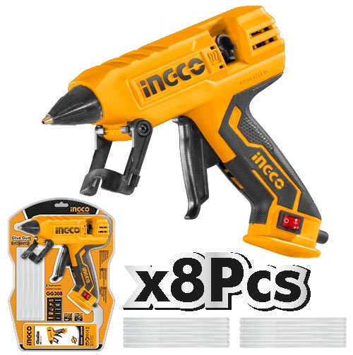 INGCO GG308 pištolj za lepljenje 220W sa brzim zagrevanjem i 8 patrona od 150 mm pruža stabilno topljenje 20–30 g/min za profesionalnu i kućnu upotrebu.