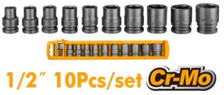 HKISSD12101 set udarnih nasadnih ključeva INGCO 1/2", 10 delova, CrMo čelik i termička obrada za profesionalnu i izdržljivu upotrebu.
