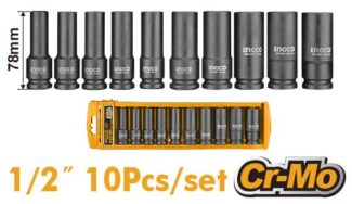 HKISSD12102L nasadni ključevi INGCO 10-delni set 1/2", dugački CrMo nastavci 78 mm, termički tretirani za profesionalnu upotrebu.