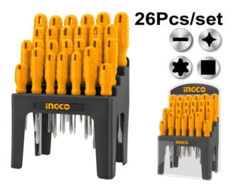 HKSD2658 Ingco set odvijača 26/1 od Cr-V čelika sadrži ravne, Phillips, Torx i četvrtaste odvijače u plastičnom okviru za profesionalnu i kućnu upotrebu.