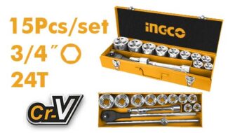 Ingco HKTS034151 set nasadnih ključeva 15/1 3/4" od Cr-V čelika, sa račnom, T šipkom i ekstenzijama, idealan za teške mehaničke i industrijske poslove.