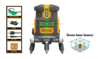 Laser linijski samonivelacioni INGCO HLL305205 sa zelenim zracima, dometom 30 m, 5 linija, preciznošću ±1 mm i brzim samonivelisanjem idealan je za građevinske radove.
