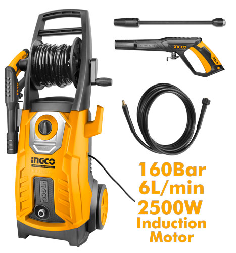 HPWR25008 perač pod pritiskom 2500W INGCO sa 160 bar pritiska, 6.7 L/min protokom, indukcionim motorom i auto stop sistemom. U kompletu posuda za sapun, pištolj i 5 m crevo. Snažan i pouzdan perač za profesionalnu i kućnu upotrebu.