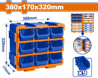 Plavi modularni sistem sa devet kutija omogućava pregledno skladištenje sitnih delova uz mogućnost proširenja i zidne montaže.
