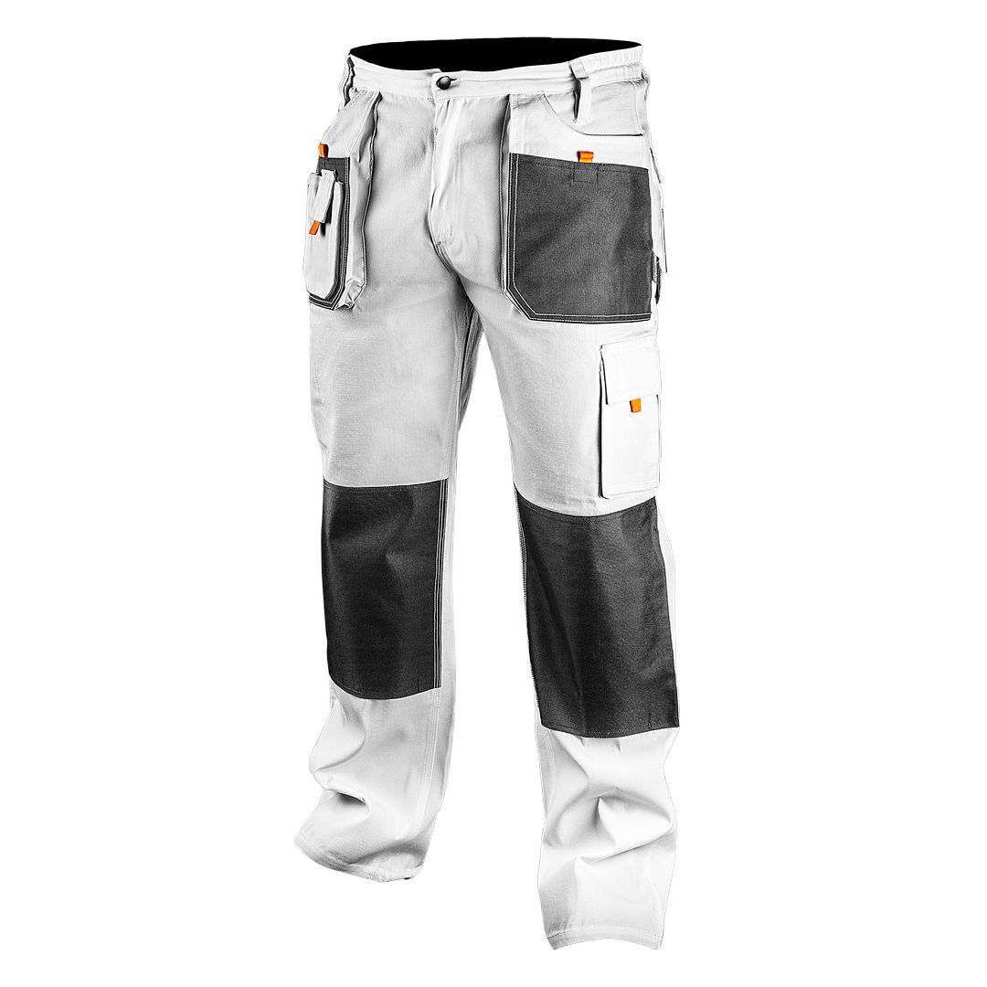 NEO TOOLS #81-120-S=D1 bele radne pantalone sa ojačanjima, trostrukim šavovima i mogućnošću umetanja jastučića za kolena. Profesionalna radna odeća.
