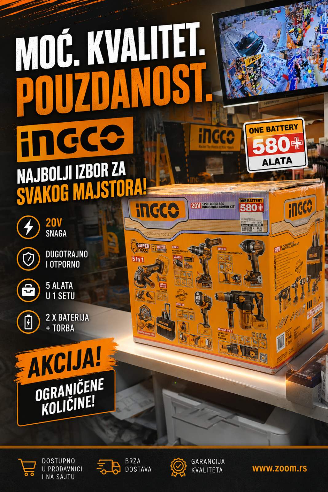 Akumulatorski set INGCO - Hamer hilti - šrafilica - brusilica - udarni odvijač - lampa - dve baterije - punjač - torba