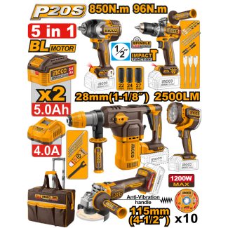 Set alata INGCO COSLI251193E 5 u 1 Akumulatorski alat hilti hamer, brusilica, šrafilica, udarni odvijač, lampa, torba.