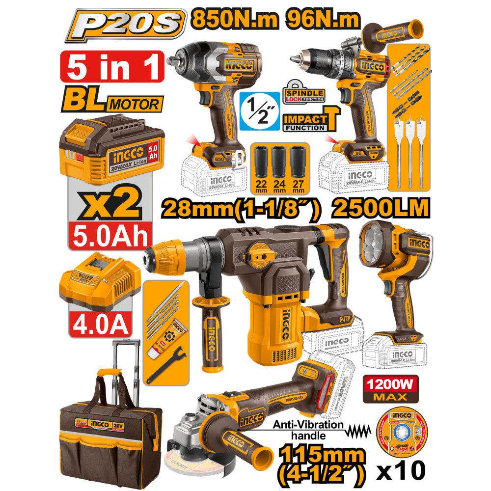 Set alata INGCO COSLI251193E 5 u 1 Akumulatorski alat hilti hamer, brusilica, šrafilica, udarni odvijač, lampa, torba.